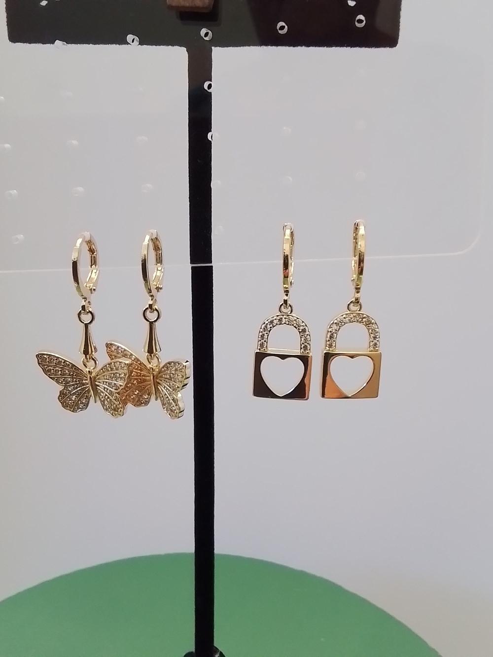 Pretty Bird Gold Butterfly and Padlock Heart Dangle Earrings - Gold